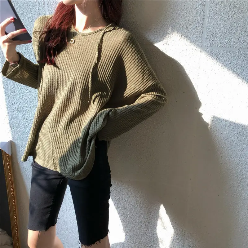 Women Waffle Long Sleeve Hooded T-Shirt Grey — feature 13