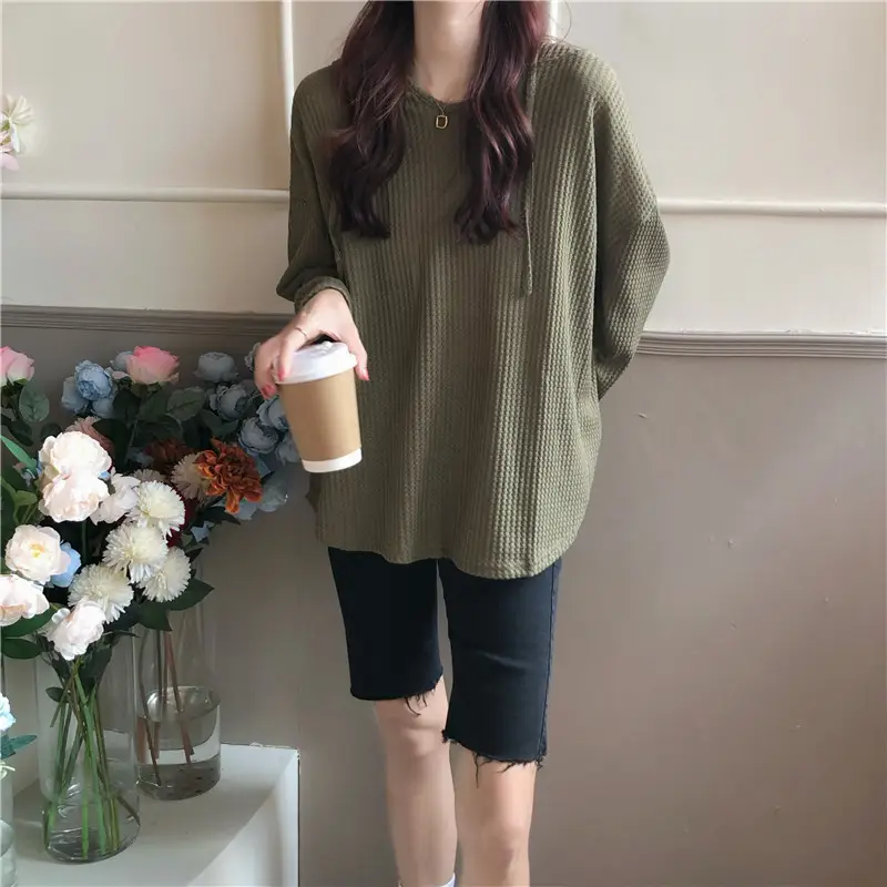 Women Waffle Long Sleeve Hooded T-Shirt Grey — feature 14