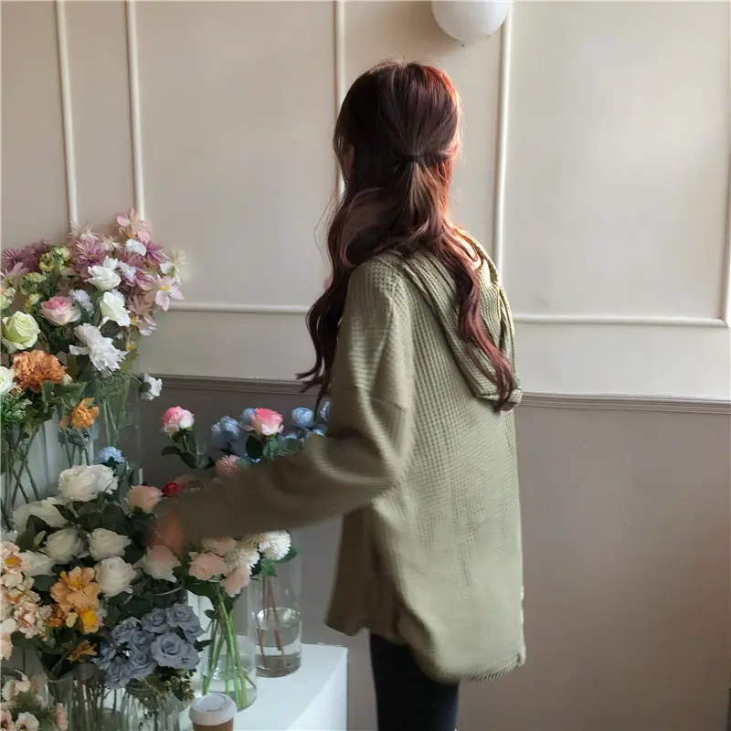 Women Waffle Long Sleeve Hooded T-Shirt Grey — feature 15
