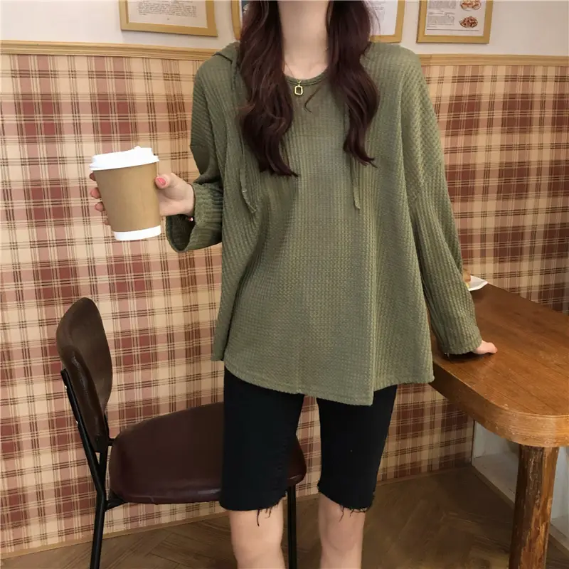 Women Waffle Long Sleeve Hooded T-Shirt Grey — feature 16