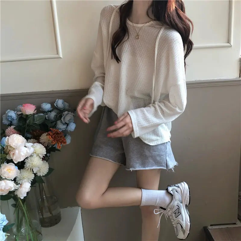 Women Waffle Long Sleeve Hooded T-Shirt Grey — feature 17