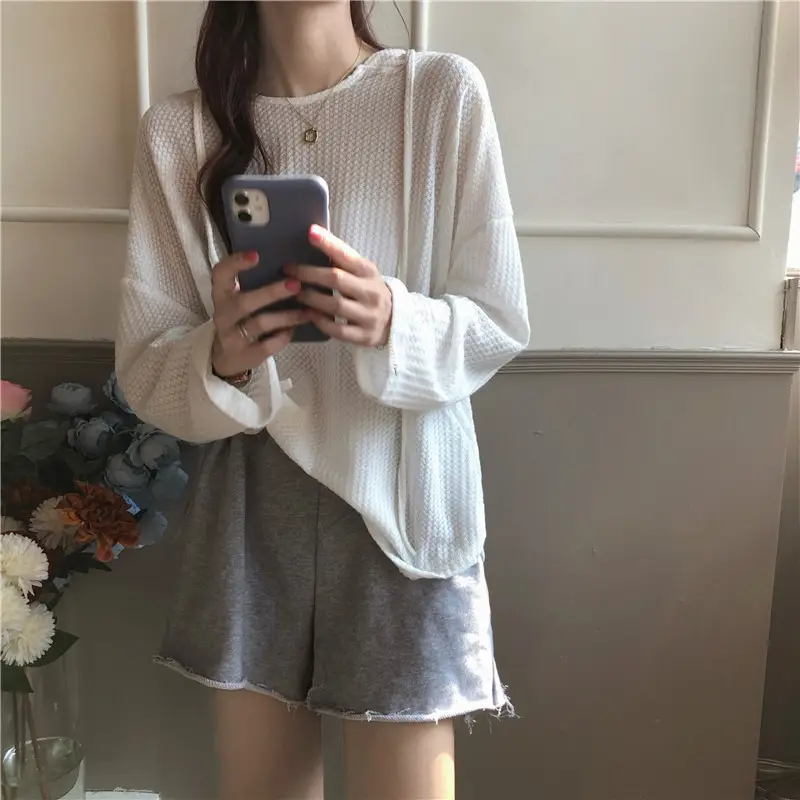 Women Waffle Long Sleeve Hooded T-Shirt Grey — feature 18