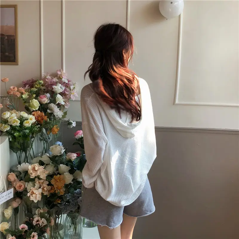 Women Waffle Long Sleeve Hooded T-Shirt Grey — feature 19
