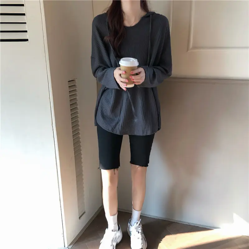 Women Waffle Long Sleeve Hooded T-Shirt Grey — feature 2