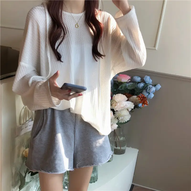 Women Waffle Long Sleeve Hooded T-Shirt Grey — feature 20