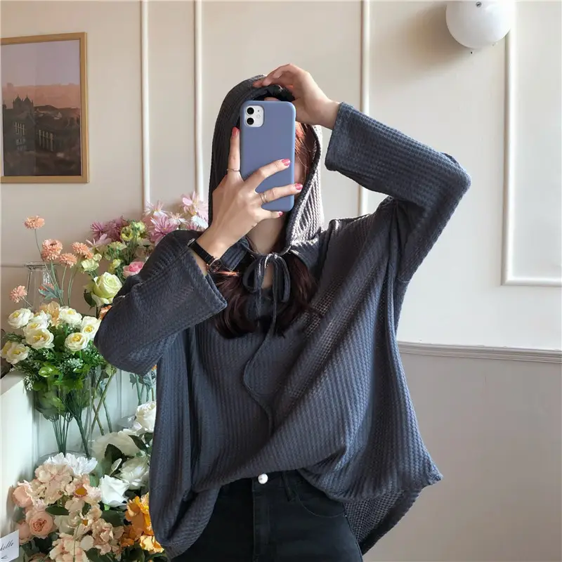 Women Waffle Long Sleeve Hooded T-Shirt Grey — feature 3