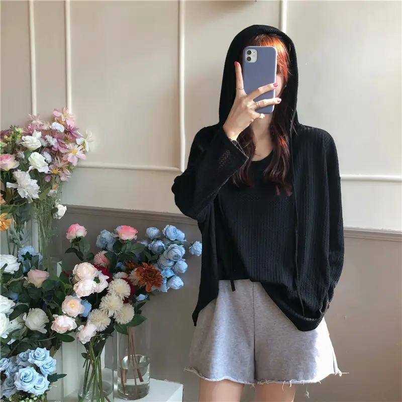 Women Waffle Long Sleeve Hooded T-Shirt Grey — feature 4