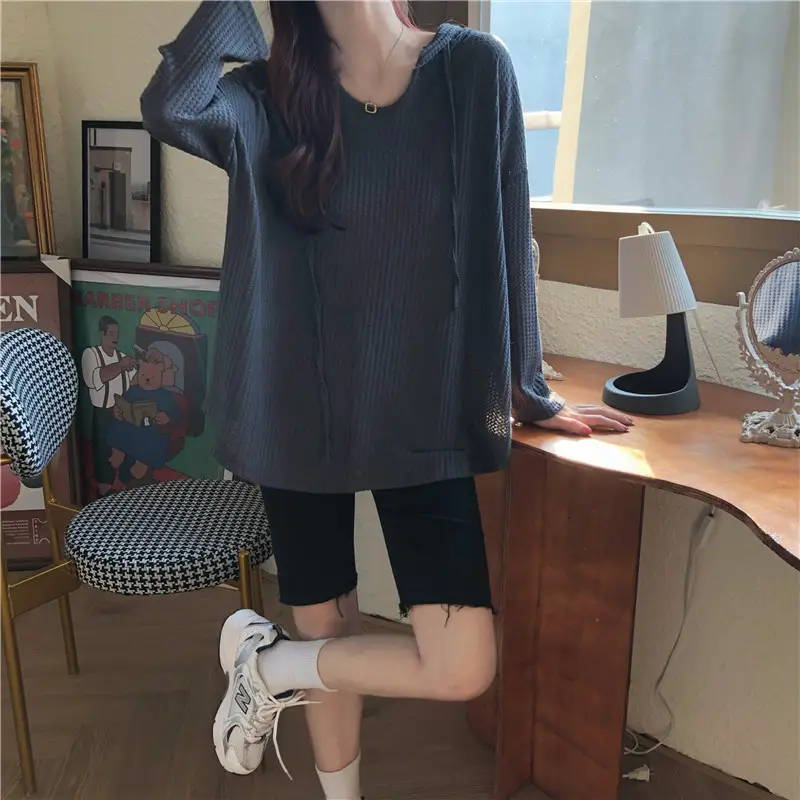 Women Waffle Long Sleeve Hooded T-Shirt Grey — feature 5