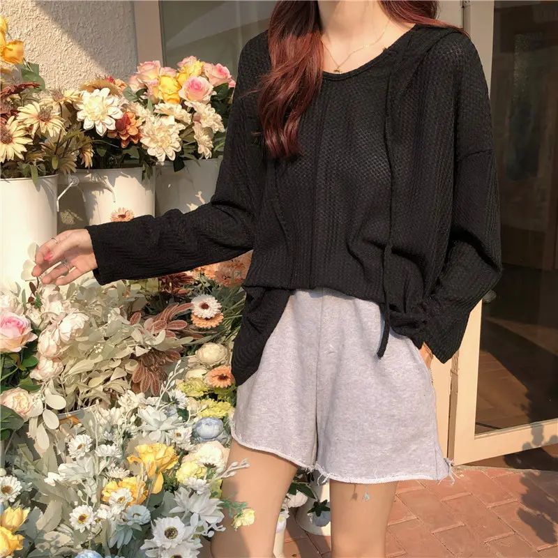 Women Waffle Long Sleeve Hooded T-Shirt Grey — feature 8