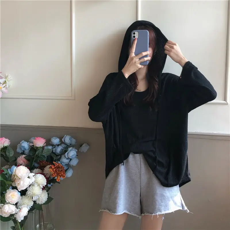 Women Waffle Long Sleeve Hooded T-Shirt Grey — feature 9