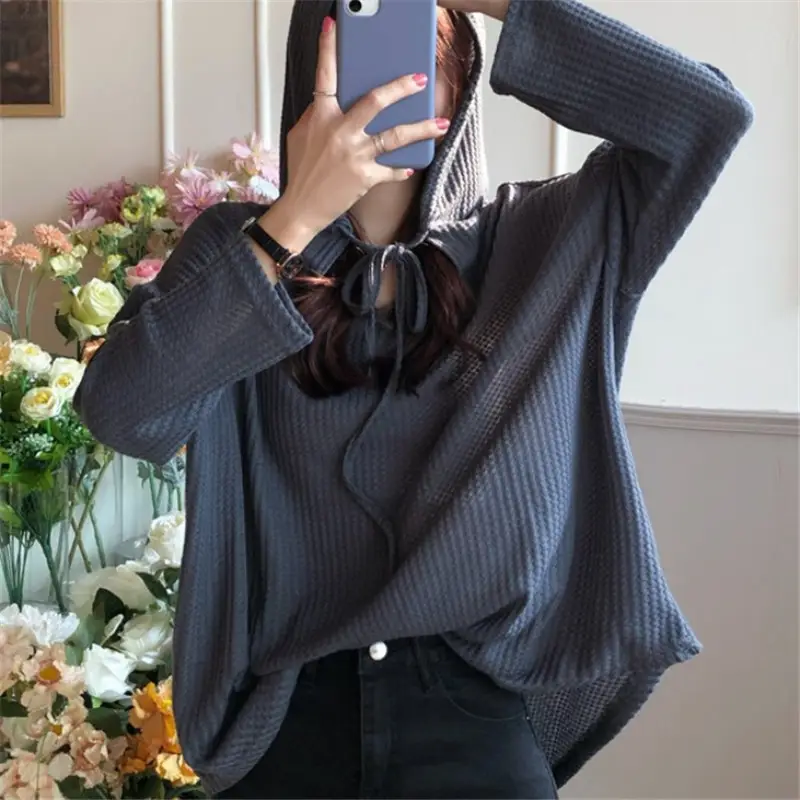 Women Waffle Long Sleeve Hooded T-Shirt Grey - Image 2