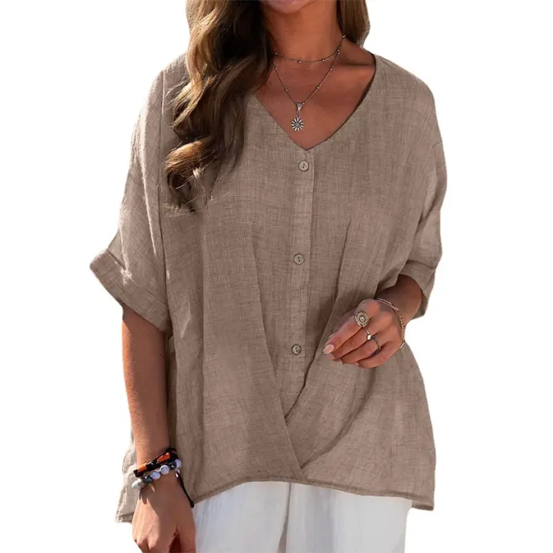 Women V-neck Cotton Linen Pullover Short Sleeve Casual Top - Image 8
