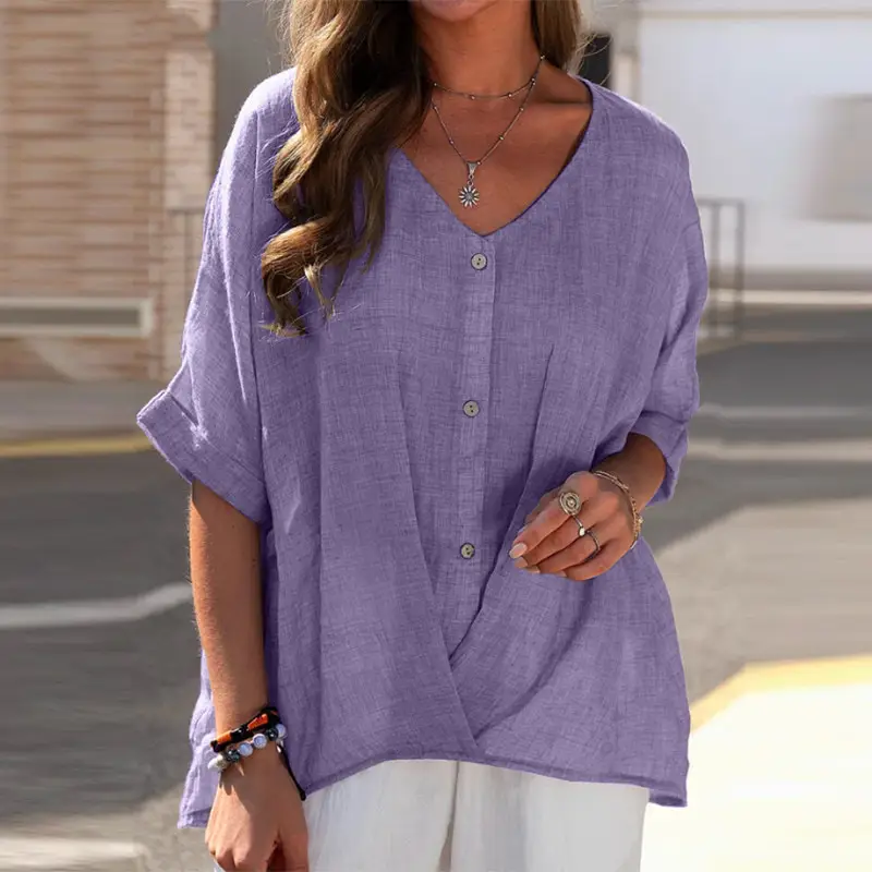 Women V-neck Cotton Linen Pullover Short Sleeve Casual Top — feature 8