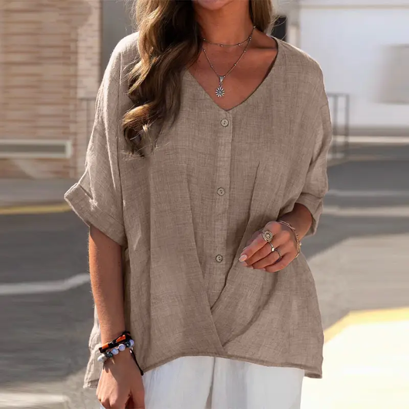 Women V-neck Cotton Linen Pullover Short Sleeve Casual Top - Image 5