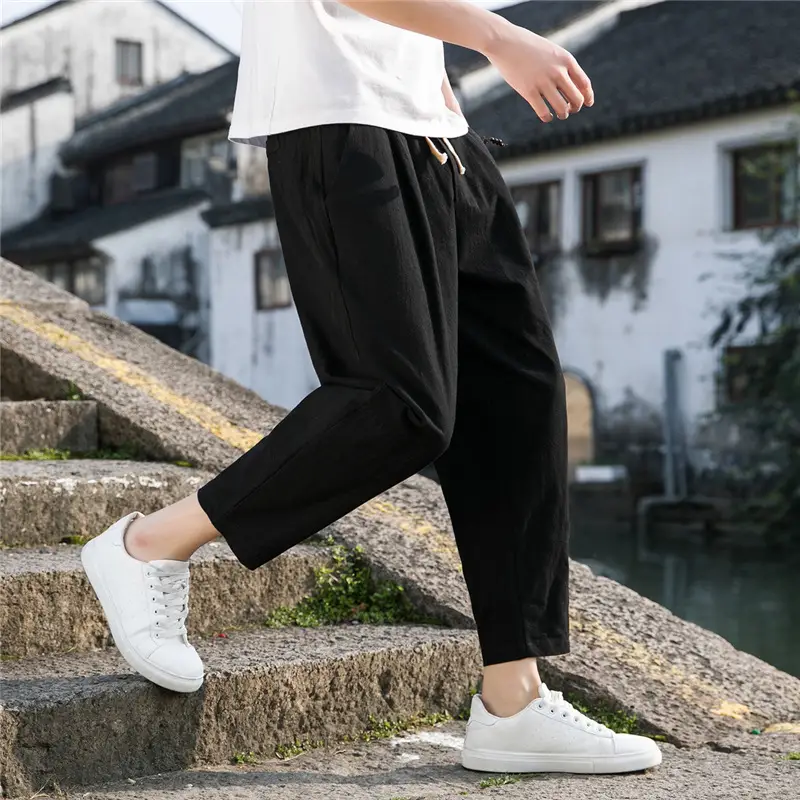 Men Cotton Linen Ankle Pants Black Loose Summer - Image 8