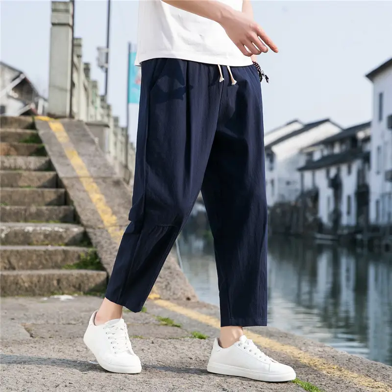 Men Cotton Linen Ankle Pants Black Loose Summer - Image 9