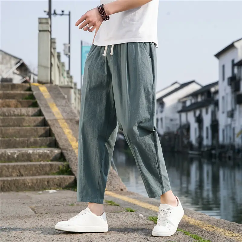 Men Cotton Linen Ankle Pants Black Loose Summer - Image 10