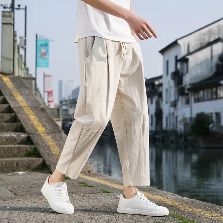 Men Cotton Linen Ankle Pants Black Loose Summer — feature 1