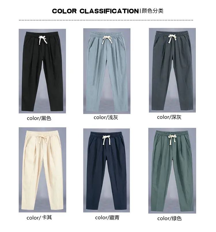 Men Cotton Linen Ankle Pants Black Loose Summer — feature 4