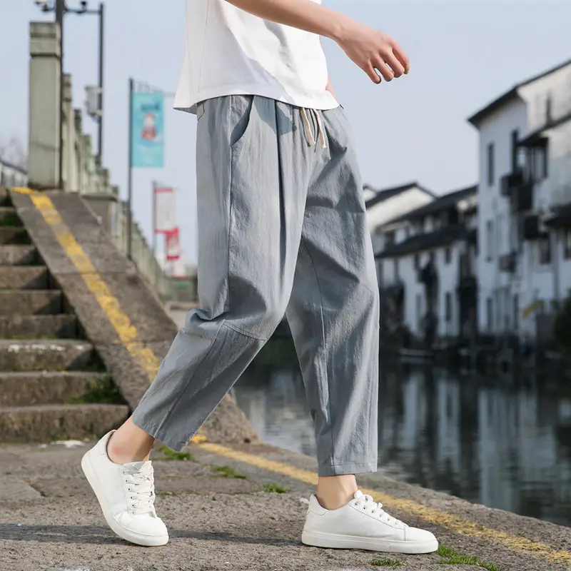 Men Cotton Linen Ankle Pants Black Loose Summer - Image 5