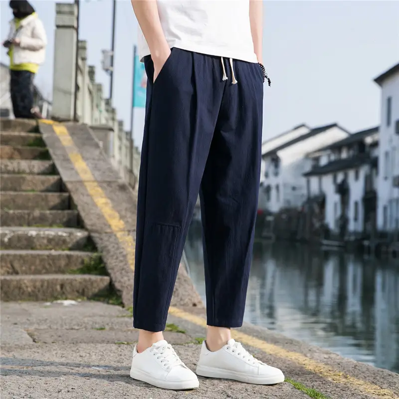 Men Cotton Linen Ankle Pants Black Loose Summer - Image 6