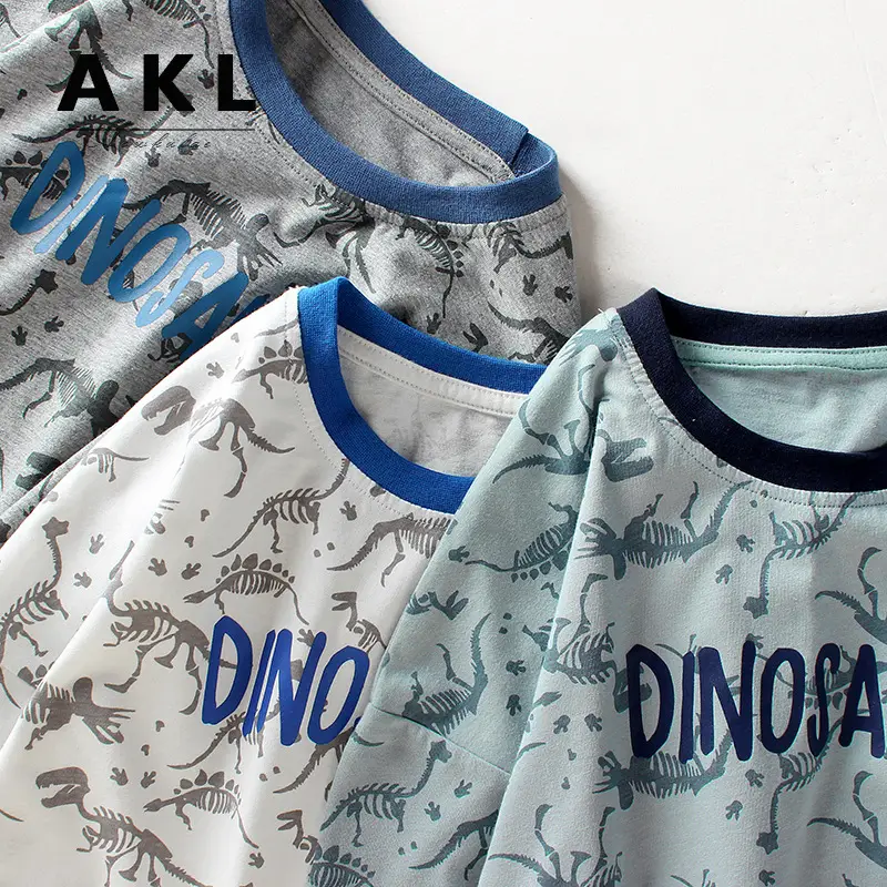 Kids Dino Print Short Sleeve T-Shirt Blue White - Image 4