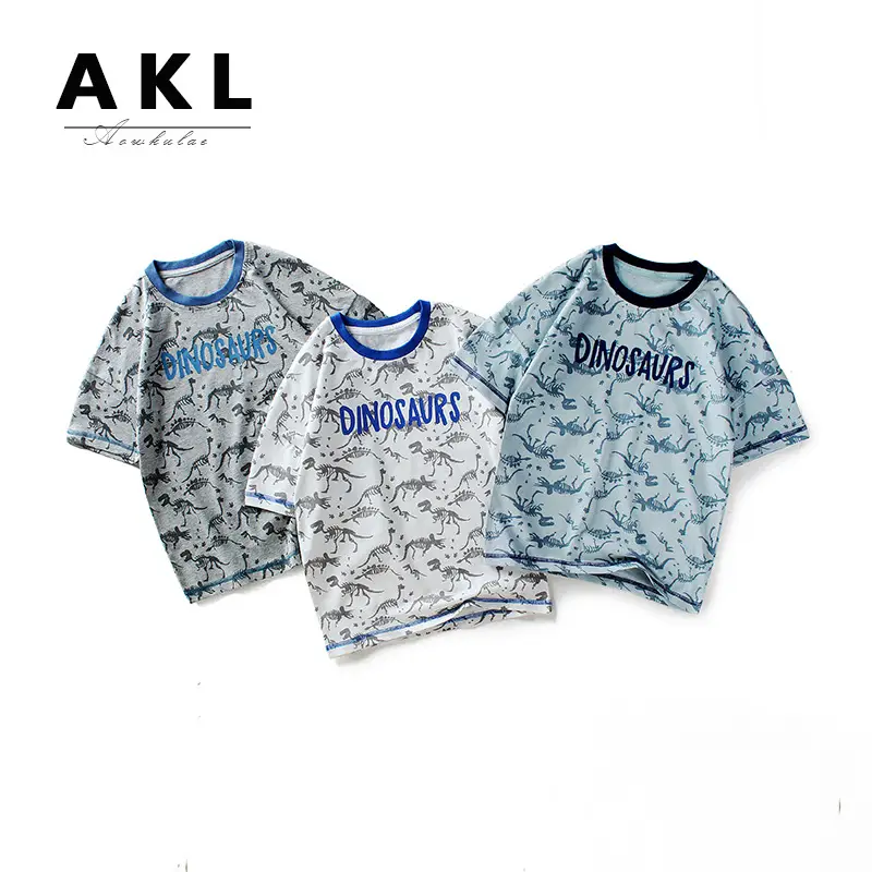 Kids Dino Print Short Sleeve T-Shirt Blue White - Image 5