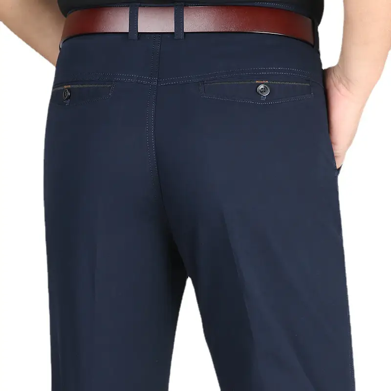 Men's Navy Blue Thin Waist Pants Straight Cut Cotton Business Casual