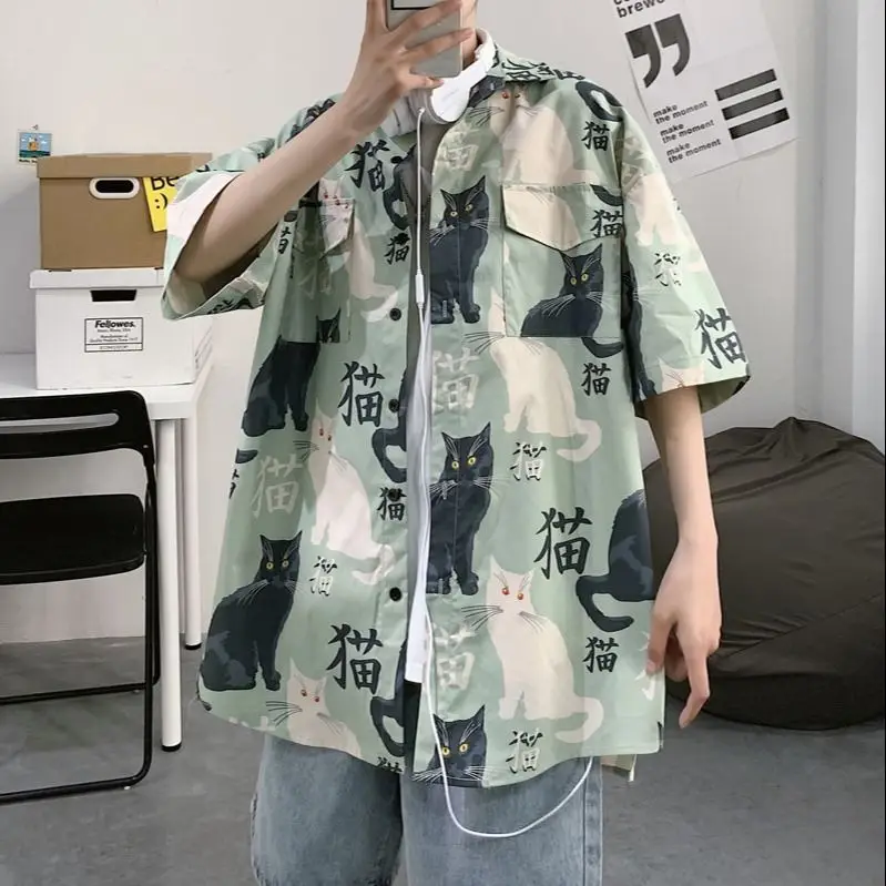 Men's Cat Print Short Sleeve Shirt Hong Kong Style Loose Casual