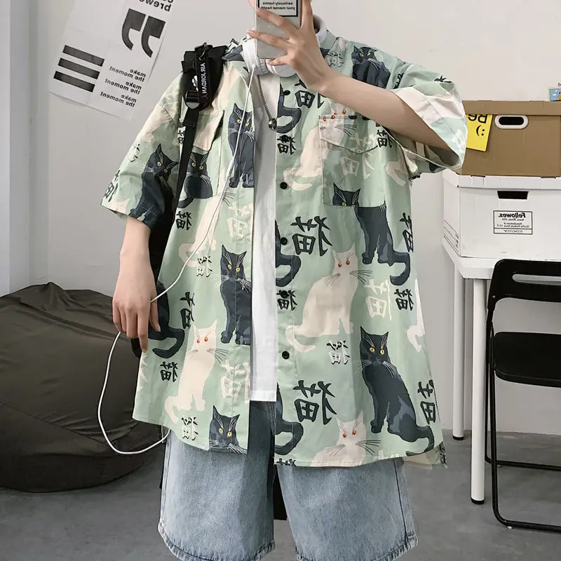 Men's Cat Print Short Sleeve Shirt Hong Kong Style Loose Casual