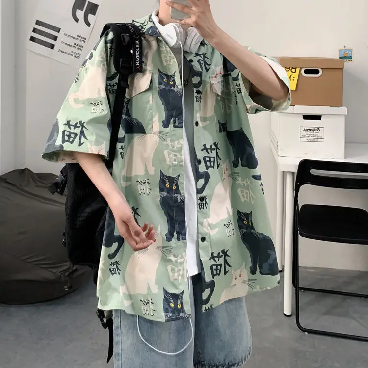 Men's Cat Print Short Sleeve Shirt Hong Kong Style Loose Casual