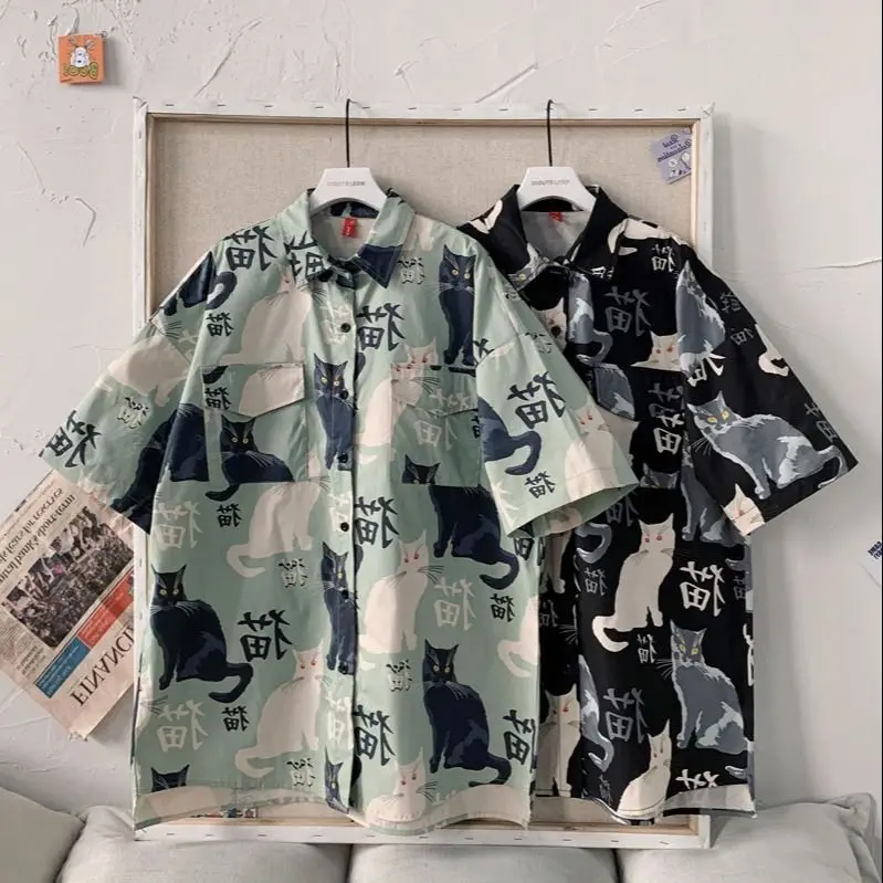 Men's Cat Print Short Sleeve Shirt Hong Kong Style Loose Casual