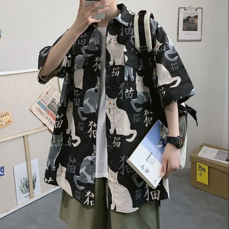 Men's Cat Print Short Sleeve Shirt Hong Kong Style Loose Casual
