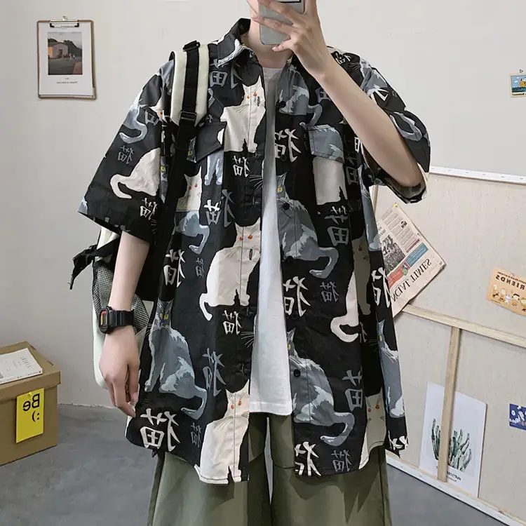 Men's Cat Print Short Sleeve Shirt Hong Kong Style Loose Casual — feature 10