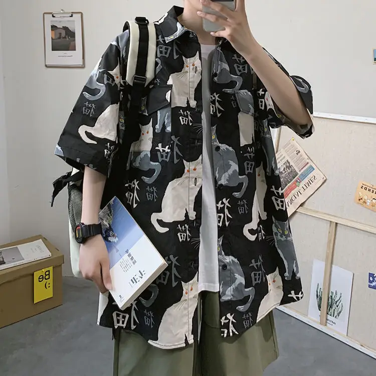 Men's Cat Print Short Sleeve Shirt Hong Kong Style Loose Casual — feature 11