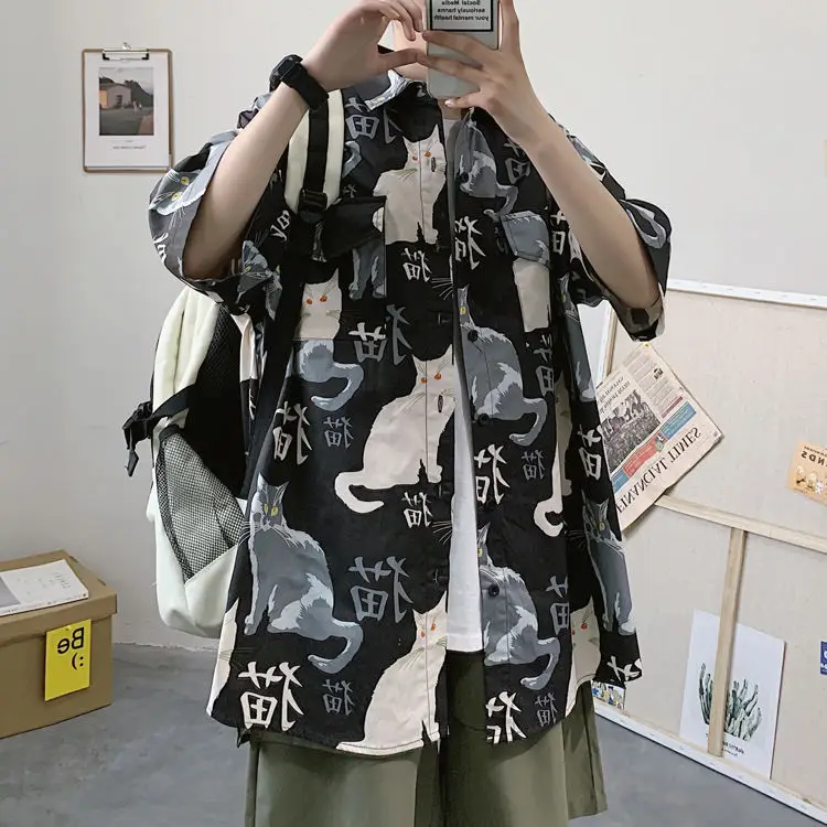 Men's Cat Print Short Sleeve Shirt Hong Kong Style Loose Casual — feature 12