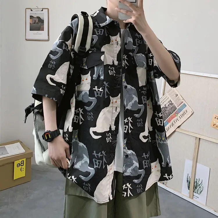 Men's Cat Print Short Sleeve Shirt Hong Kong Style Loose Casual — feature 13