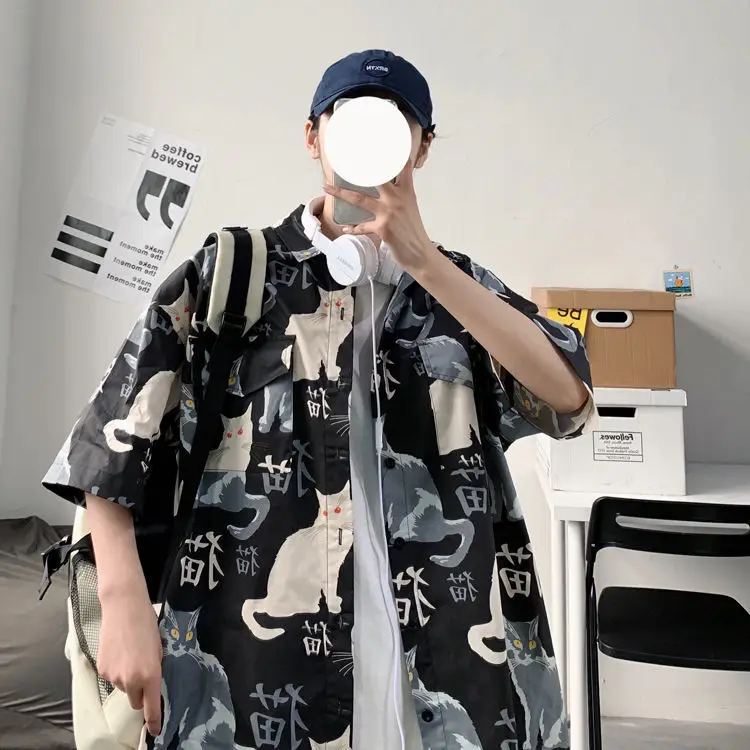 Men's Cat Print Short Sleeve Shirt Hong Kong Style Loose Casual — feature 14