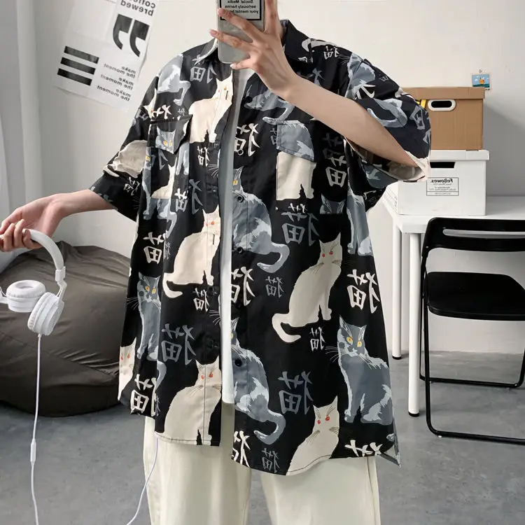 Men's Cat Print Short Sleeve Shirt Hong Kong Style Loose Casual — feature 15