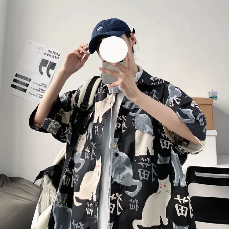 Men's Cat Print Short Sleeve Shirt Hong Kong Style Loose Casual — feature 16