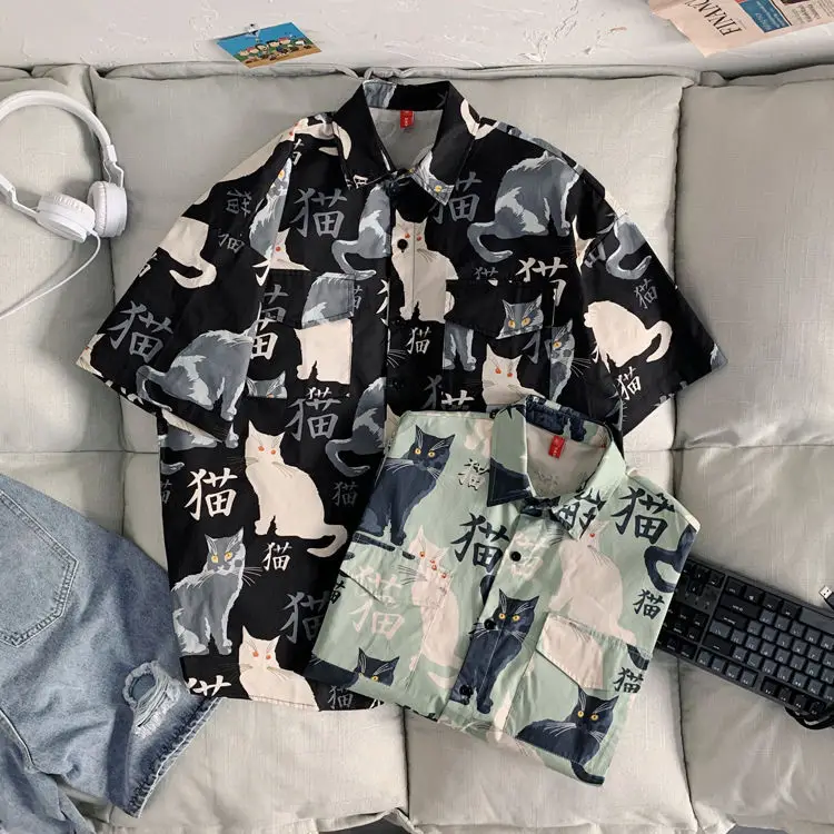 Men's Cat Print Short Sleeve Shirt Hong Kong Style Loose Casual — feature 17