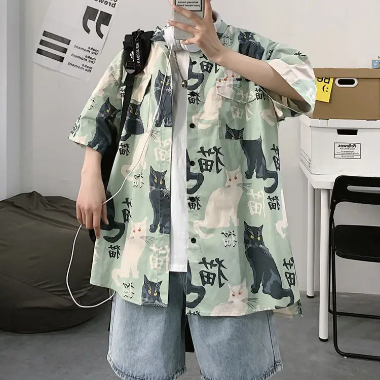 Men's Cat Print Short Sleeve Shirt Hong Kong Style Loose Casual — feature 2