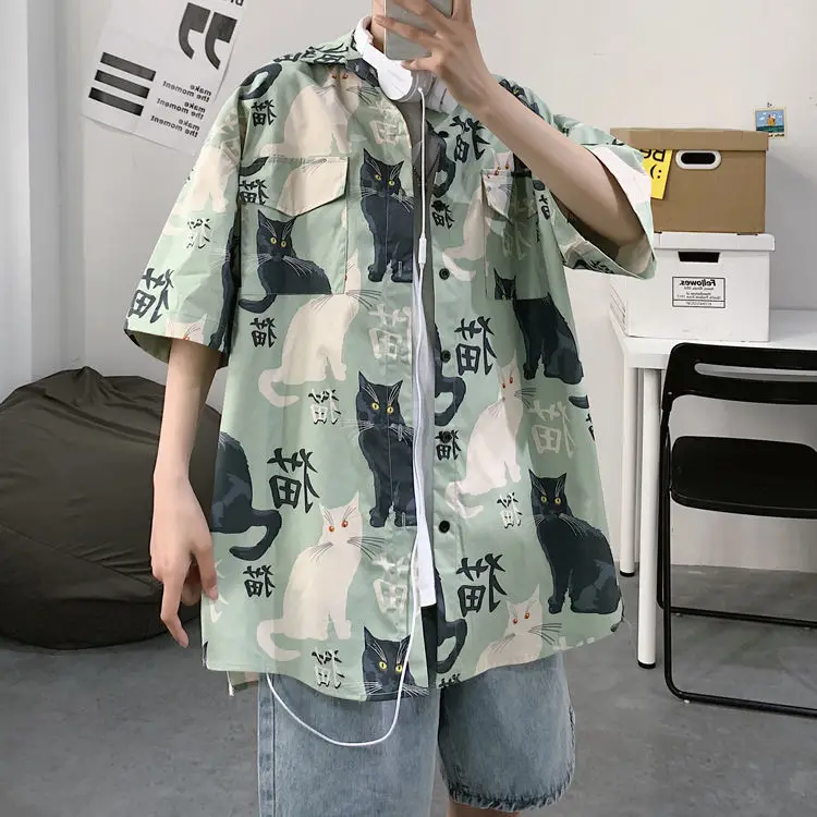 Men's Cat Print Short Sleeve Shirt Hong Kong Style Loose Casual — feature 3