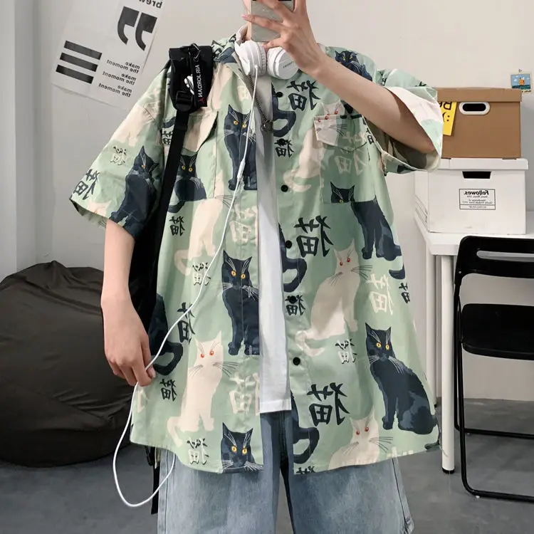 Men's Cat Print Short Sleeve Shirt Hong Kong Style Loose Casual — feature 5