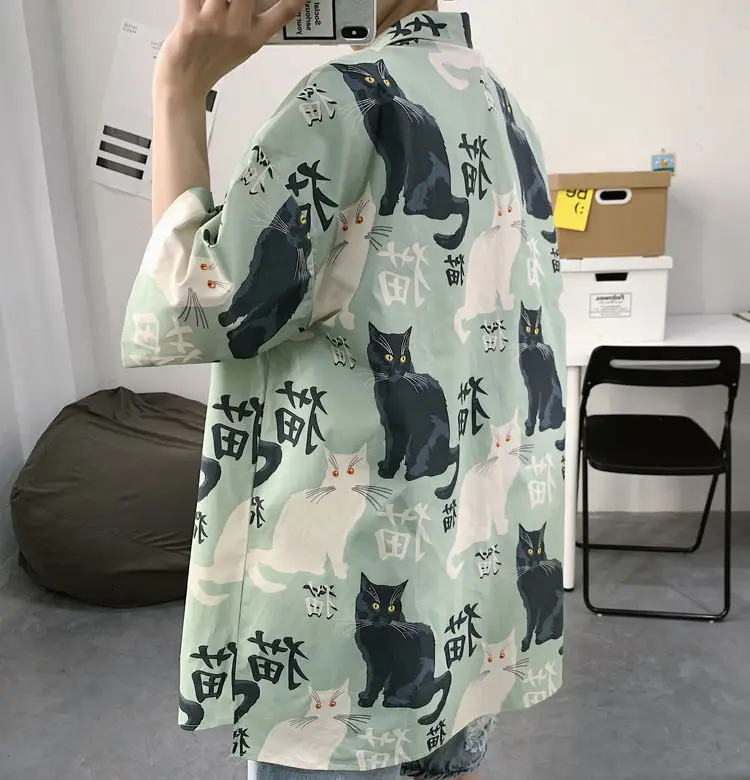 Men's Cat Print Short Sleeve Shirt Hong Kong Style Loose Casual — feature 6