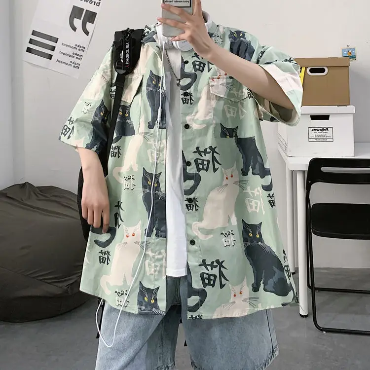 Men's Cat Print Short Sleeve Shirt Hong Kong Style Loose Casual — feature 7