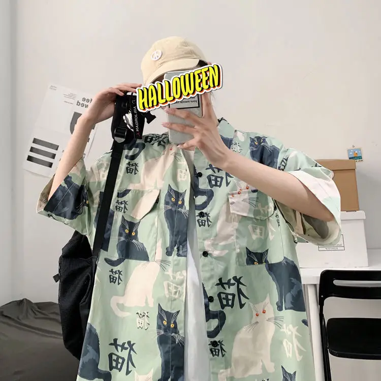 Men's Cat Print Short Sleeve Shirt Hong Kong Style Loose Casual — feature 8
