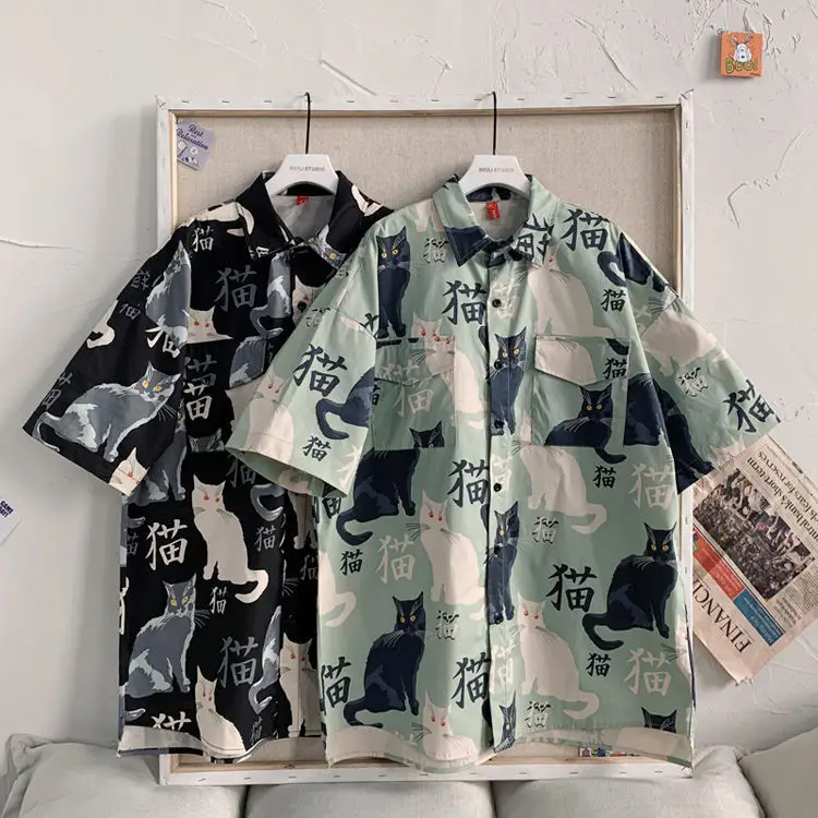 Men's Cat Print Short Sleeve Shirt Hong Kong Style Loose Casual — feature 9