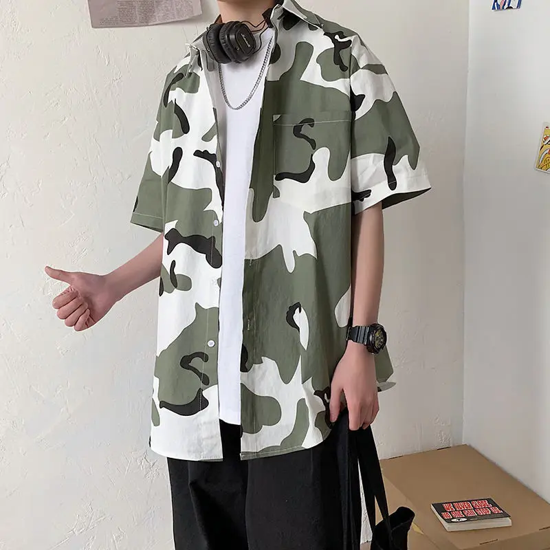 Men's Cat Print Short Sleeve Shirt Hong Kong Style Loose Casual