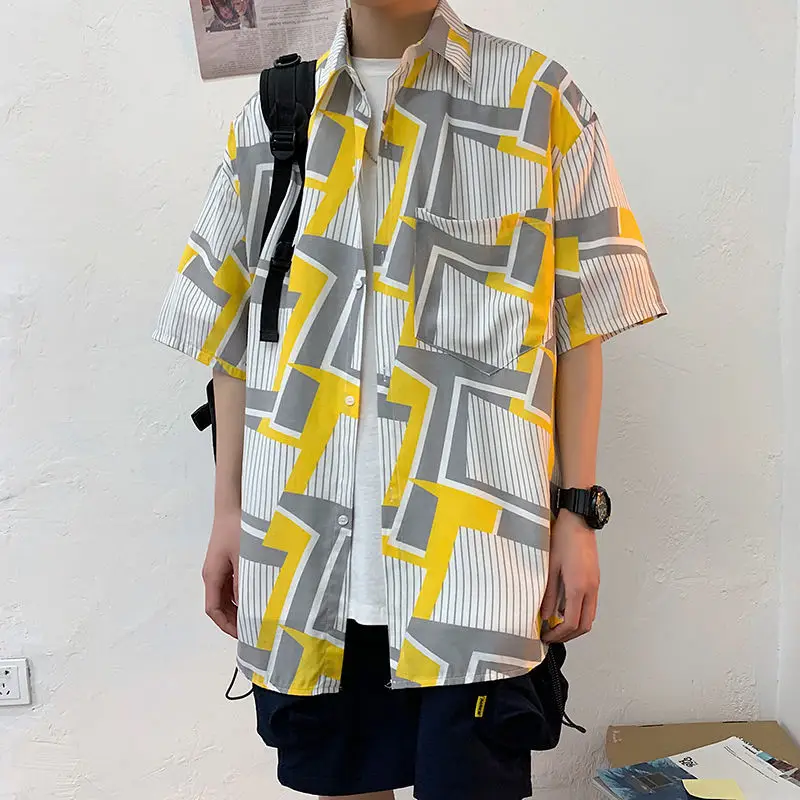 Men's Cat Print Short Sleeve Shirt Hong Kong Style Loose Casual